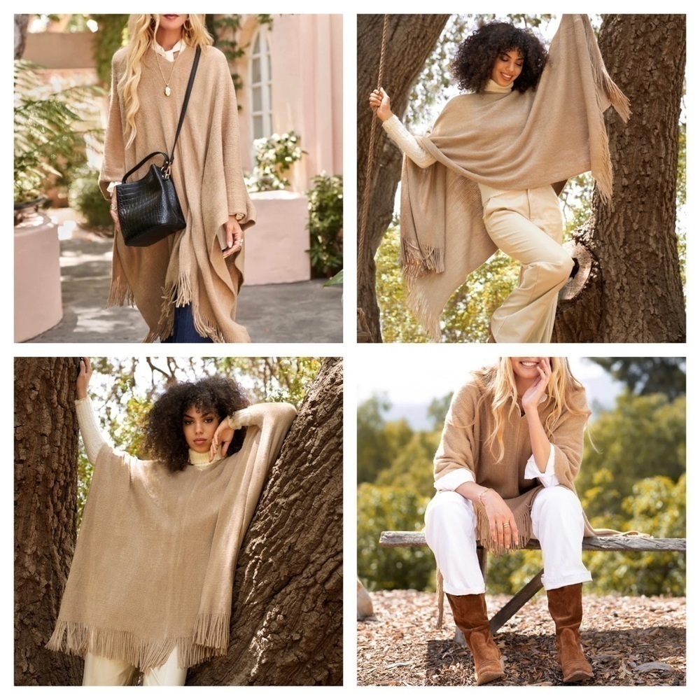 Shiraleah Rowan Camel Fringe Poncho One Size NWT Curateur Rachel Zoe - Picture 7 of 11